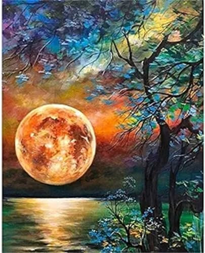Mond Malen Nach Zahlen Erwachsene, Baum Malen Nach Zahlen Kinder Klein 30x40cm, DIY Set Erwachsene Handgemalt Leinwand Ölgemälde, Acrylfarben mit 3 Set Pinseln, Zimmer Deko Aesthetic Geschenke -Y621