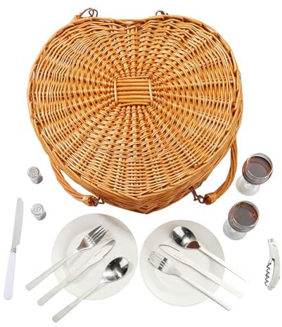 Picknickkorb für 2 – Handgewebtes Picknickkorb-Set für 2 Personen | Herzförmiger Picknickkorb mit Griffen und Geschirr, für Camping, Outdoor, Valentinstag, Weihnachten, Erntedankfest