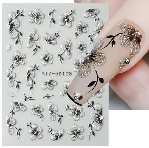 Nagelsticker Frühling Blumen, Blumen Nagelkunst Sticker, Blumen 5D Geprägte Nagelaufkleber, Blumen Nagelaufkleber für Frauen, Nail Art Sticker Dekoration, Erlesenes Maniküre Zubehör für Damen