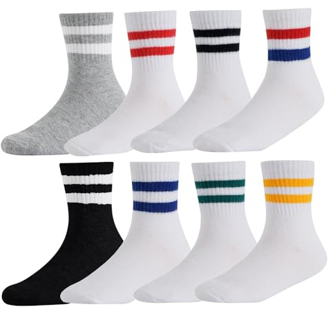 CHUNG Calcetines deportivos básicos de algodón para niños pequeños y niñas, con rayas retro, 8 pares, uniforme escolar de otoño, casual, deportes, correr
