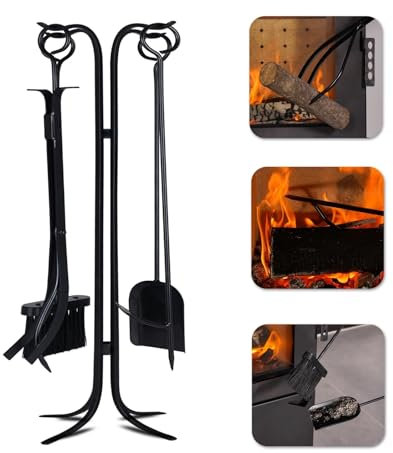 5-in-1 Kaminbesteck Set, Schürhaken-Set für Drinnen und Draußen, Feuerstellen Besteck Zubehör Set aus Schmiedeeisen mit Schürhaken, Zange, Schaufel, Bürste, Feuerstellenständer