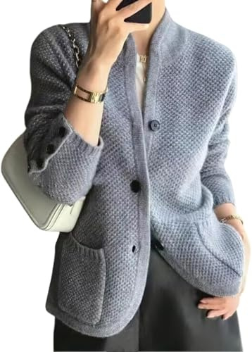 Goolecrimp Suéter de Cuello Alto Informal de Negocios para Mujer Blazer Moda Casual Botón Delgado Waffle Suéter de Punto Chaqueta de suéter Elegante Vintage (Gris,S)