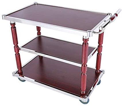 3 Tier Stainless Steel Serving Trolley with Wooden Tray for Tea Cart Rolling Storage Tool Cart for Hotel & Restaurant Use,