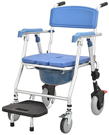 LQDSADRT Blaue bewegliche Aluminium-Toilettenstuhl-Einlagen mit Rädern, Armlehne, Rückenlehne, rutschfest, faltbar, freistehender Toilettenrahmen für ältere Menschen und Behinderte