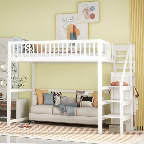 Wiuzo Hochbett 140x200 mit Treppe, weißes Kinderbett aus Holz mit Aufbewahrungsregal, einfacher Kleiderschrank