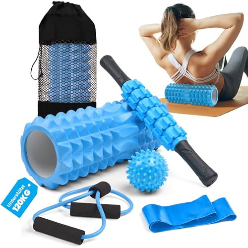unycos - Set 5 en 1 de Rodillo【PP/EVA】para Masaje Muscular | Foam Roller Soporta 120 kg, Palo y Bola de Masaje, Banda de Resistencia, Cuerda de Forma y Bolsa de Transporte (Azul)