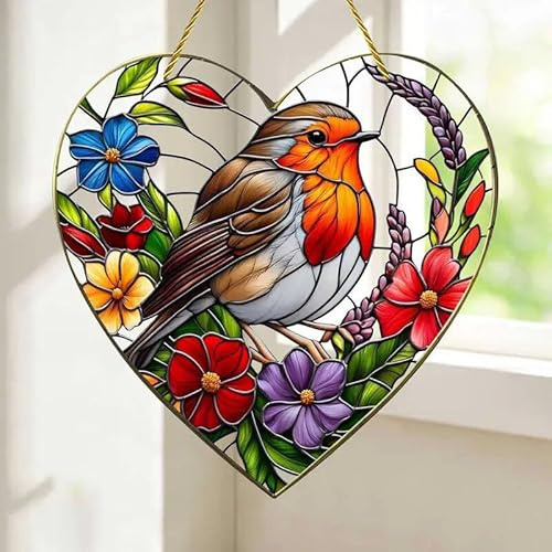 8x8 Large Heart - Shaped Robin Bird Suncatcher with Stained Glass Effect - Ideal Hanging Window Decor