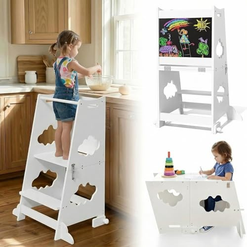 KIDINIX Torre di apprendimento a partire da 1 anno, 3 in 1 Montessori Learning Tower con ringhiera di sicurezza e lavagna, pieghevole per bambini con funzione tavolo per cucina, bagno, bianco