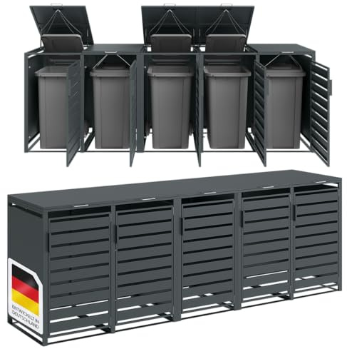 STEELSØN Kestra Mülltonnenbox 5er bis 240L, Anthrazit, Stahl, UV-beständig | Mülltonnenverkleidung mit Sichtstreifen, hochwertiger Müllcontainer für 5 Tonnen, Müllbox, Gerätebox, wetterfest, Outdoor