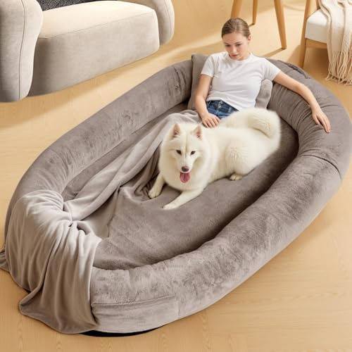 NESTROAD Hundebett für Mensch & Hund,180x114x35cm,waschbarer Kunstfellbezug mit Decke und Kissen,extra großes Sitzsackbett in Menschengröße,Kamel