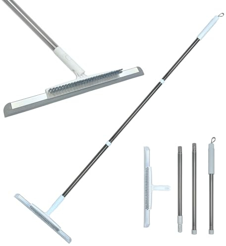 Telescopic Wiper Silicone Blade, 20cm Hard Brush & 180° Swivel Head (125cm/49) Floor Squeegee Scrubber with 50 Adjustable Handle and Grout Brush, Multi-Surface Squeegee Broom for Garage