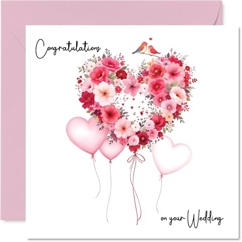 Wedding Card for Couples - Love Flower Balloons - Congratulations Gifts, Congrats Well Done Card for Friends Family Colleague Neighbour, 145mm Happy Marriage Greeting Cards