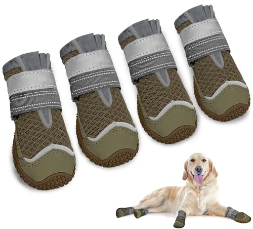 SlowTon Hundeschuhe Pfotenschutz, 4 Stück atmungsaktive Hunde Schuhe Outdoor mit Rutschfester Sohle, verstellbarem reflektierendem Klettverschluss Hundestiefel für kleine, mittlere und große Hunde