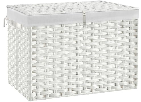 240L Wicker Storage Basket with Lid, Handwoven Rattan Large Shelf Basket with Removable Liner, 63.5 Gallon Wicker Basket for Blanket, Storage Trunk with Handle for Closet, Bedroom, Livingroom, White