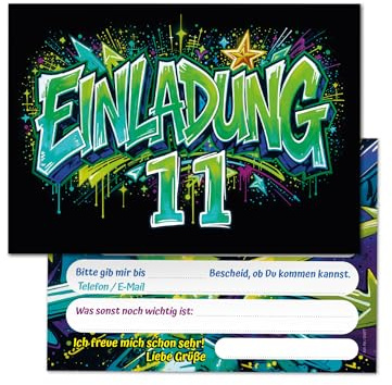 Junaversum 12 Einladungskarten zum 11. Kindergeburtstag Graffiti Kinder Mädchen Junge coole bunte Einladungen elfte Geburtstag Geburtstagseinladungen Kids
