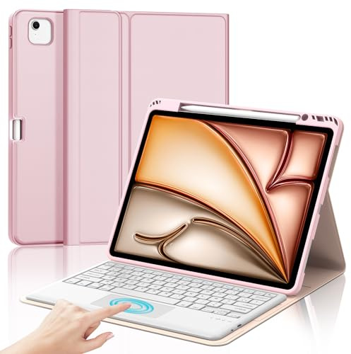 Coque Clavier pour iPad Air 13 Pouces M4 2026/M3 2025/M2 2024/Air 6/ Air 7 | Pavé tactile, Étui Keyboard Touchpad Détachable Bluetooth sans Fil, AZERTY Français avec Porte Crayon, Rose clair