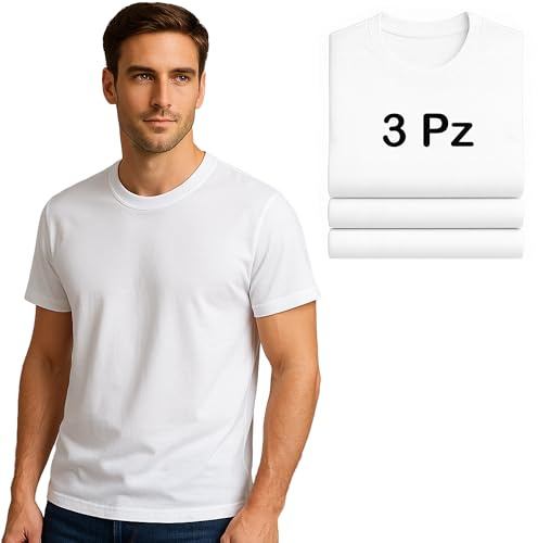 Confezione da 3 T Shirt Uomo Bianche - Set Magliette Manica Corta 100% Cotone - Kit 3 T-Shirt con Girocollo Classica per Tutti i Giorni, Lavoro, Sport e Casa (IT, Testo, L, Bianco)