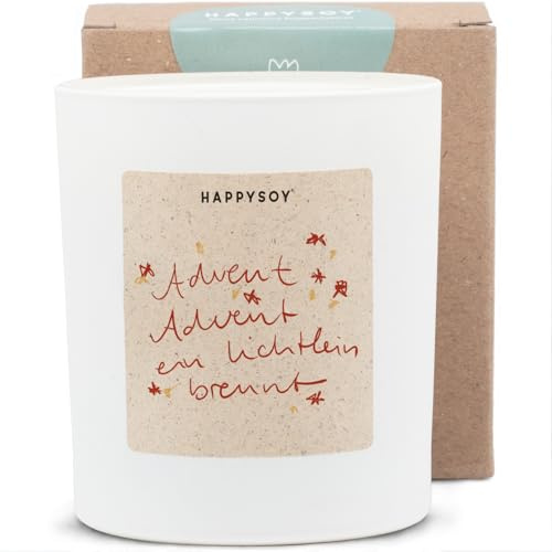 HAPPYSOY Advent Advent ein Lichtlein brennt, Sojawachs-Duftkerze, wundervoller Duft, über 60h Brenndauer, Geschenkidee zur Adventszeit, Freundin, Weiß mattes Glas, Graspapier-Etikett, Recyclingkarton