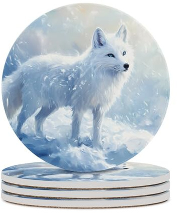 Weißer Fuchs, Eisschnee, runder Untersetzer mit Korkboden zum Basteln, Tischschutz, Heimdekoration, 4 Stück