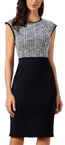 Allegra K Vestido Mujer Trabajo Tweed Cuello Redondo Sin Mangas Patchwork Oficina Negocios Ajustado Vestido Tubo Negro S