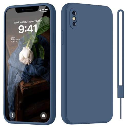 HGH für iPhone X/XS Hülle Silikon mit Lanyard, Dunkel Blau | Handyhülle für iPhone X/XS Dünn Rundumschutz mit Microfiber-Innenfutter Kratzfest Schutzhülle 5.8