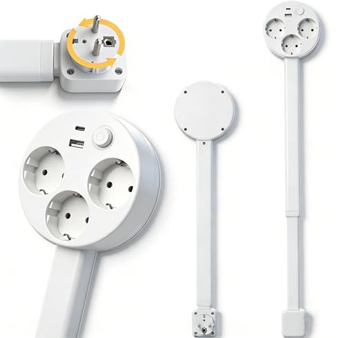 Multiprise Extensible et Pivotante – 3 Prises avec USB-A & Type-C (5V/2.1A) | Tige Réglable de 47 à 67 cm et Rotation à 360° pour Prises Murales Cachées Derrière Canapé, Bureau ou Table de Chevet