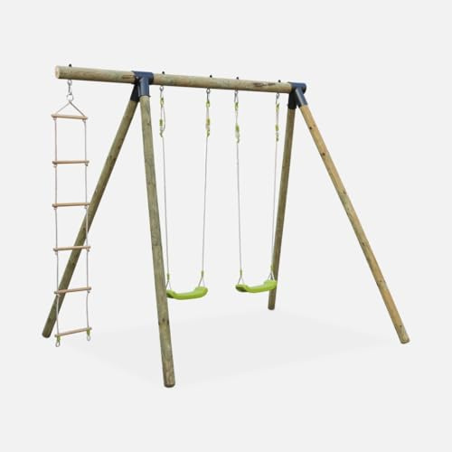 sweeek - Aire de Jeux Mistral en Bois avec 2 balançoires et échelle en Corde Bois de pin