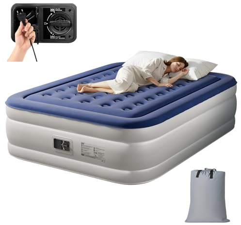 Bonnlo Matelas de Camping Pliable avec Pompe électrique, Matelas Gonflable Autogonflant avec Surface en Velours, pour 2 Personnes (Bleu ＆ Blanc, 203 x 152 x 45 cm)