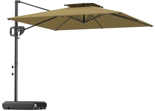 Outsunny Ombrellone da Giardino a Manovella 2.5x2.5 m con Doppio Tetto e Testa Inclinabile, Ombrellone Decentrato a Braccio con Base a croce, Base Riempibile e Presa d'Aria, UV30+, Cachi