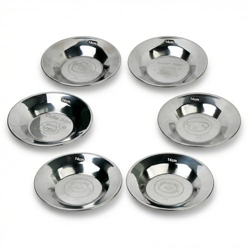 Kattmatare i rostfritt stål kattmatare set med 6 platta skålar med bedårande djurmönster rostfritt stål våt mat och torr diskmaskin silver