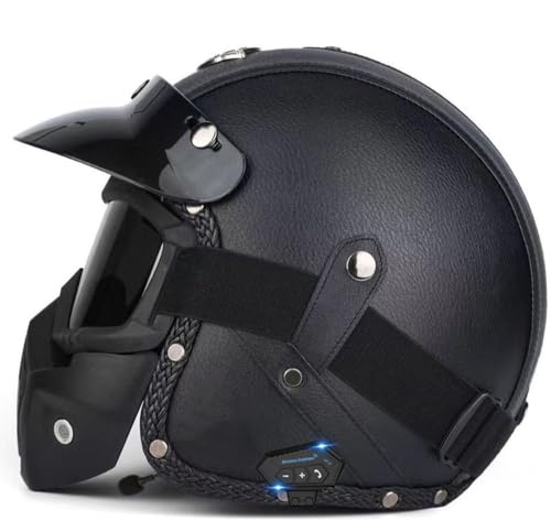 Casco Mezzo Retrò Moto Aperto Cascos Pelle Bluetooth Con Occhiali E Mascherina Caschi Jet E Demi-Jet Caschi Cromwell Cuffie E Microfono Integrati Unisex Elmetto Scodella K,XXL:63-64CM