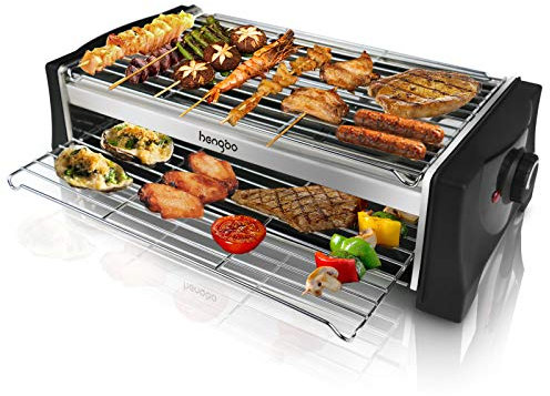 Parrillas Eléctrica 2000W, Barbacoa Electrica con Bandeja, Sin Humo Doble Capa Parrillas Acero Inoxidable para Barbacoa para Fiestas Interiores y Exteriores - Negro