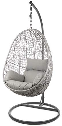Kideo Komplettset: Hängesessel mit Gestell & Kissen, Korbsessel, Poly-Rattan (Gestell- und Korbfarbe: grau, Kissen: grau Nest (8008 Cloud))