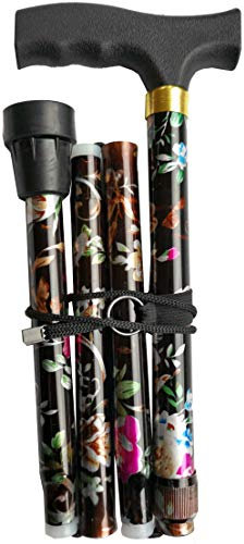 Deluxe Folding Compact 4-part Ladies Walking Stick, Stunning Floral Print with a Unique Ergonomic Easy-Grip Moulded Handle & Adjustable Height Walking Cane for Women - 32.5” – 37” (Black/Brown Floral)