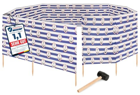 Garronda Paravento da Spiaggia, Protezione dal Vento, Protezione Privacy, Spiaggia, Giardino, paravento + Martello di Gomma GAEX001 (Strisce/Ancore-2, 15 m)