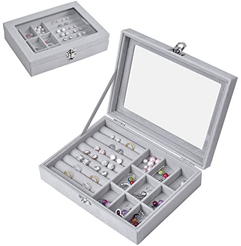 Cajas para Joyas, Caja Joyero, Organizador Joyero con Cerradura, Caja de Joyería, Joyero Viaje, Jewelry Organizer para Mujer, Organizador Pendientes, Pendientes Exhibidor de Terciopelo con Tapa - Gris