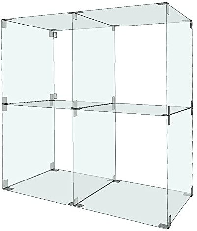 Glassteckvitrine Glasregal Würfelform 83x83cm | Vitrine 4 Fächer 40x40cm Glasplatten | Selbstbauvitrine einfaches Stecksystem | Verkaufsregal Messevitrine Steckvitrine Schaufenstervitrine