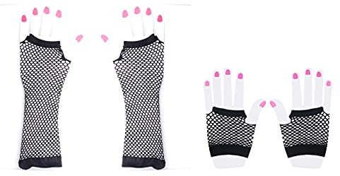 Sowaka 2 Paar fingerlose Netzhandschuhe lang kurz weich Neon Schwarz Neuheit Vintage Chic Mesh Handschuhe für Frauen Mädchen Männer Cosplay Thema Halloween 80er Jahre Party Gefälligkeiten Zubehör