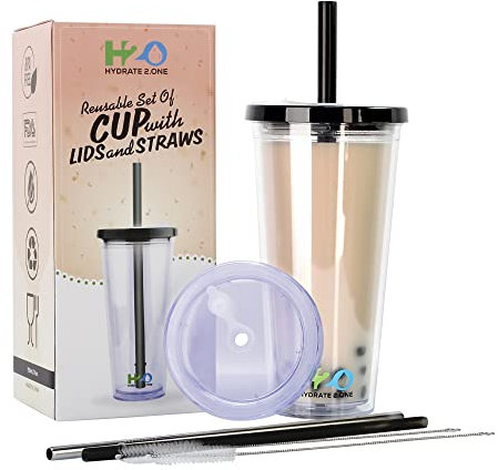 Bubble Tea Becher mit Strohhalm 2x Deckel - Trinkbecher Für Boba, Smoothie, Eiskaffee, Milchshake - 700ml Doppelwandig isoliert, BPA frei Plastikbecher Auslaufsicherer, Wiederverwendbar, Durchsichtig