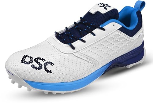 DSC Herren Cricket-Schuhe Jaffa_22, Weiß/Navy, Größe 10 UK/11 US/44 EU, für Männer & Jungs, atmungsaktives Mesh, rutschfeste Sohle für verbesserte Stabilität