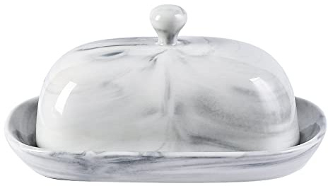 Yundu Grey Marble Butter Dish with Lid, Ceramics Butter Keeper Container, Perfect for East/West Butter