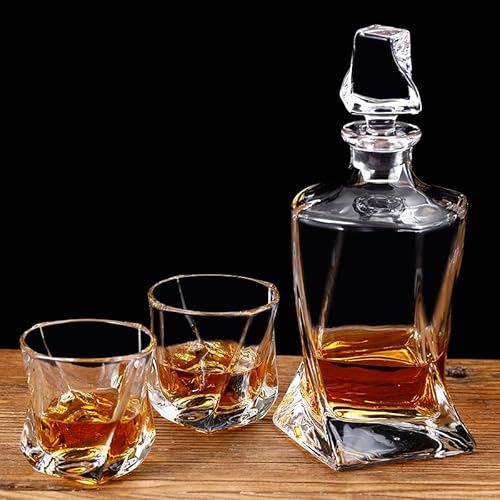 Whisky Twist Style Decanter and Glasses Set Premium Glass Whiskey Decanter 750ml with 2× 320ml Tasting Tumblers for Liquor or Scotch in a Gift Box