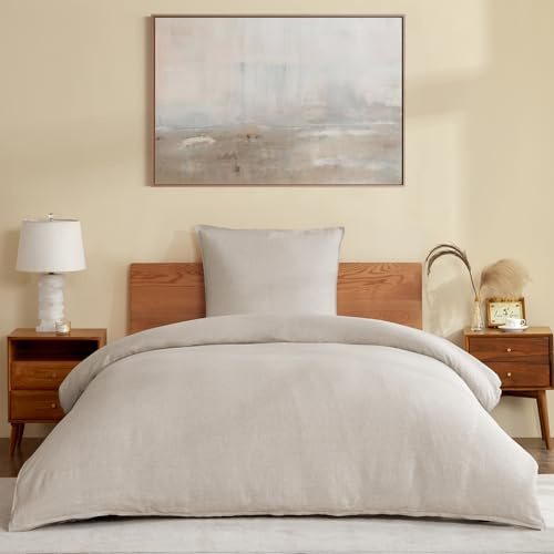 DAPU Set di biancheria da letto in 100% lino, in fibra naturale, fresca ed estiva, lavata, morbida, per chi dorme caldi, 155 x 220 cm + 1 pezzo da 80 x 80 cm, con chiusura lampo, colore naturale