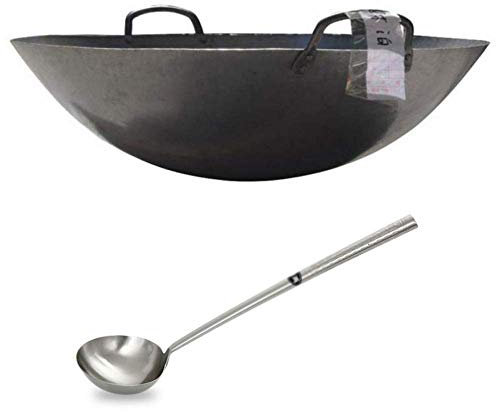 ksamwjf Gusseisen-Woks, Bratpfanne Tradition Wok Gusseisentopf Roheisentopf Großer Wok Antihaft-unbeschichtet Binaural mit Kochlöffel, 49 cm