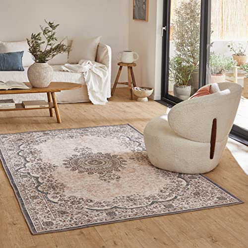 Nazar Vintage-Teppich, Orientteppich, maschinenwaschbar, klassischer Teppich, flach, Medaillon, Ornament, Farbe: Bordeaux, Creme, Khaki (531 Rosa, 120 x 170 cm)