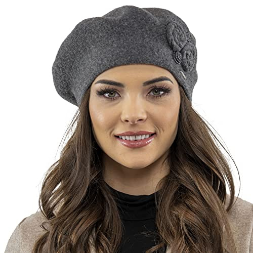 VIVISENCE Baskenmütze Damen Winter Elegante Mit Klassischem Herbst Frauen Mütze Schnitt Warmer Wollmischung Floraler Applikation Perfekter Passform Ideal Für Kalte Tage Modell 7037