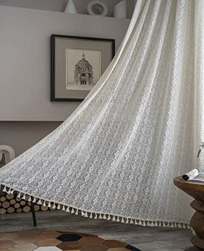 Tospass Vintage Vorhänge Boho Bohemien Vorhang Landhausstil Häkeln Stricken Beige Gardinen mit Quaste 2er Set Outdoor Baumwolle Leinen Gardienen für Wohnzimmer Schlafzimmer Curtains 150x160cm