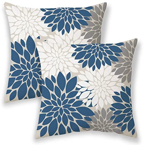 AEIOAE Blaue und weiße Kissenbezüge, 40.6x40.6 cm, 2er-Set, Sommer-Dahlie, Blumenmuster, Outdoor, dekorative Wurfkissen, Bauernhaus-Leinen, moderne Geometrie, Bett, Dekoration