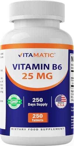 Vitamatic Vitamin B6 (Pyridoxine HCI), 25 mg 250 Vegetarian Tablets - Promotes Energy Production, boosts Metabolism and Immune Health Support