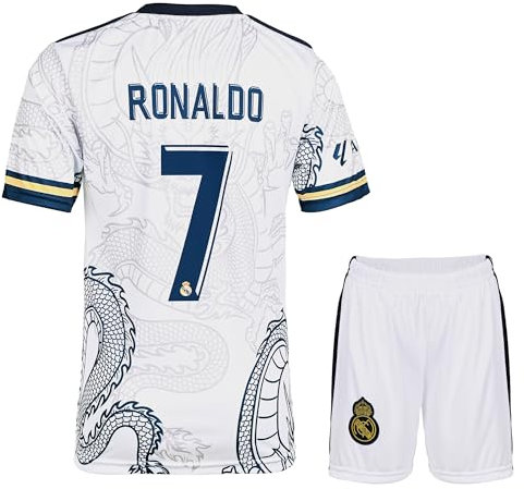 KISRAS R. Madrid Ronaldo #7 Weiß Dragon Heim Retro Limitierte Sonderedition Seltenes Fußball Kinder Trikot Shorts Set Jugendgrößen (Weiß,152)